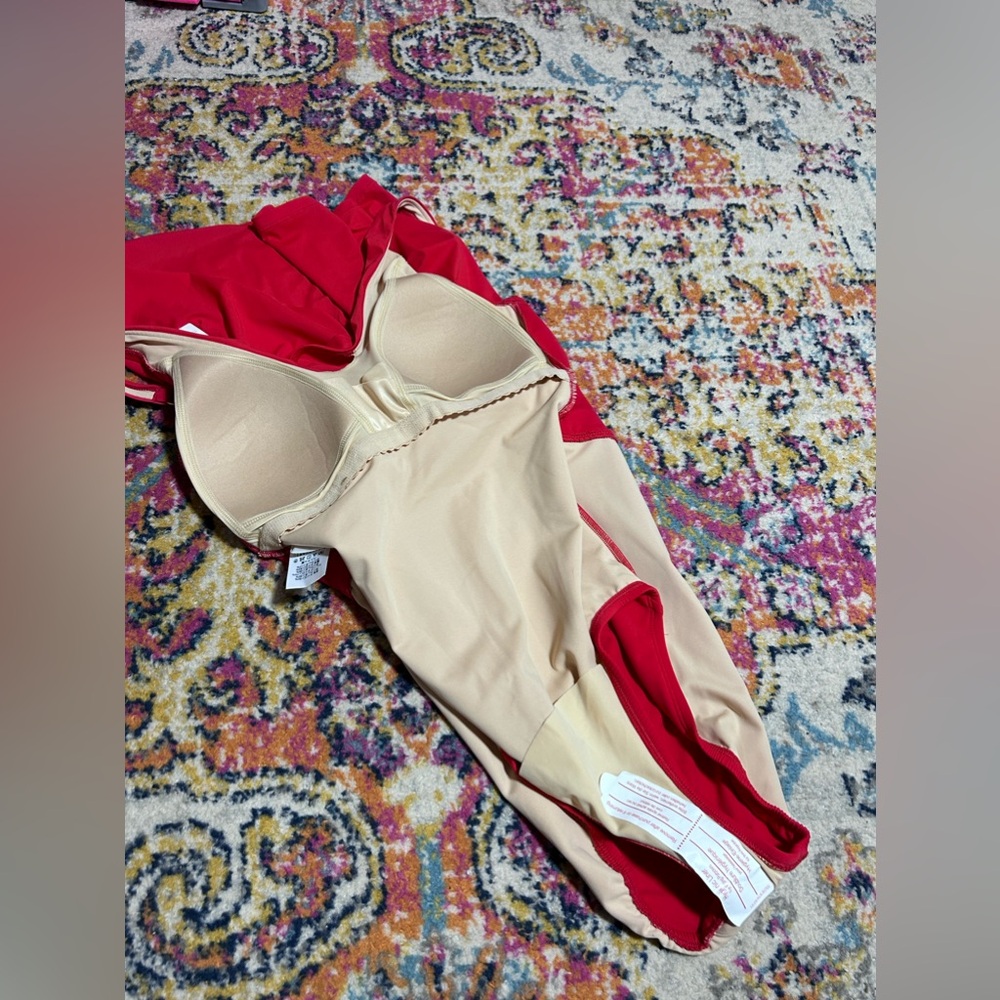Red V-Neck Women's Swim Dress - Picture 8 of 13